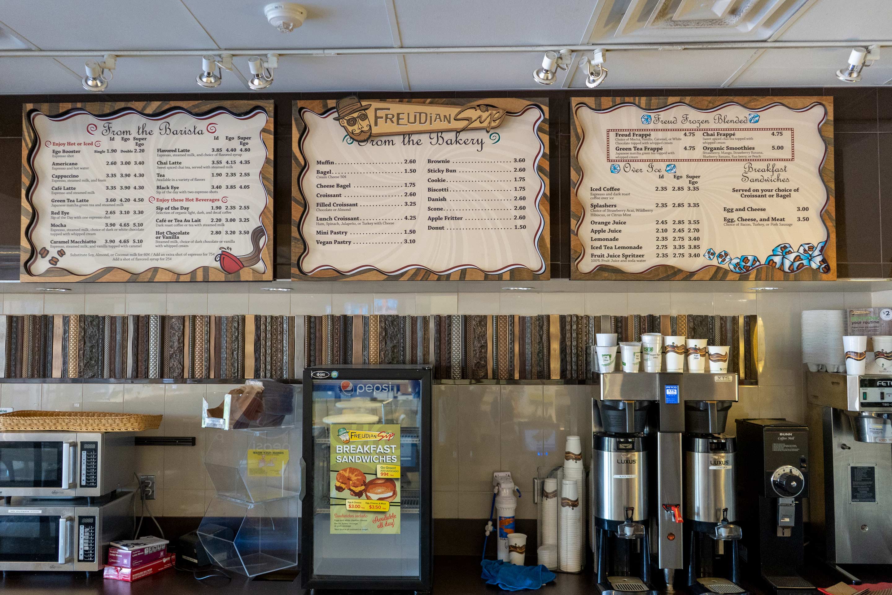 The real Freudian Sip service counter, menu boards, and coffee equipment.