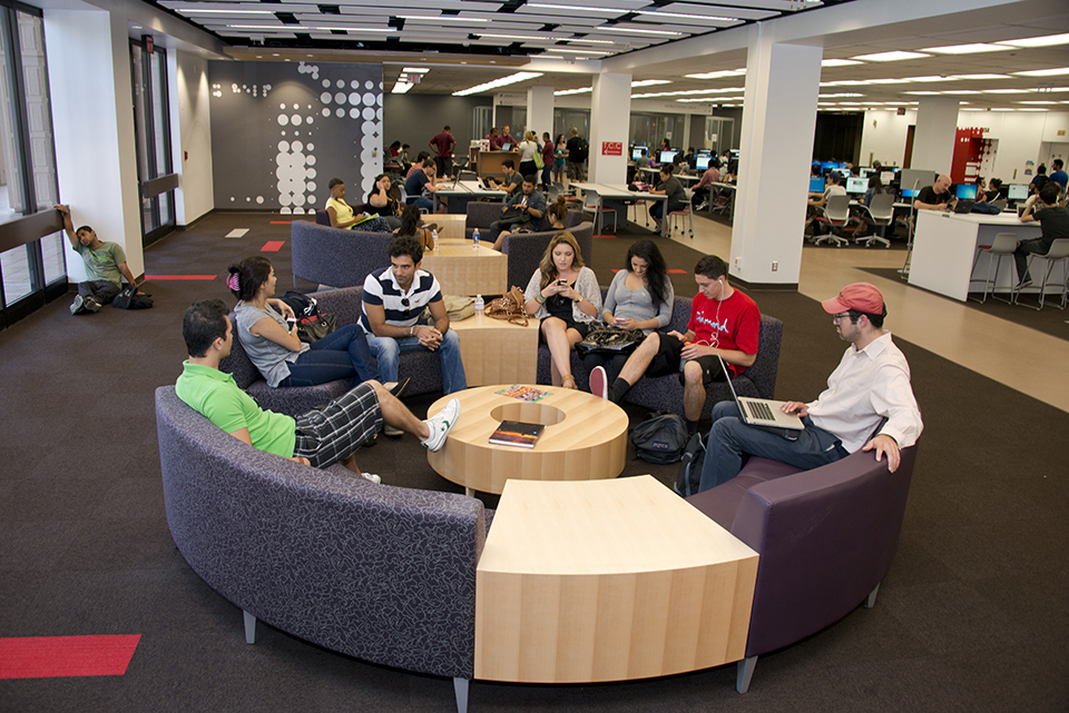 CSUN students working in the Library lounge.