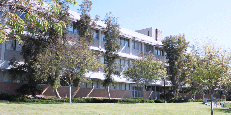 Sierra Hall, framed by trees and lawn.